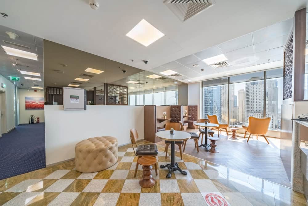 Bright, stylish coworking area with city views in Dubai, UAE.
