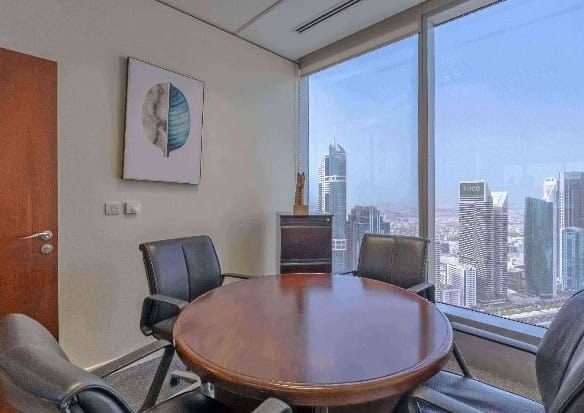 Office meeting room with city view and modern furniture for rent in Dubai.