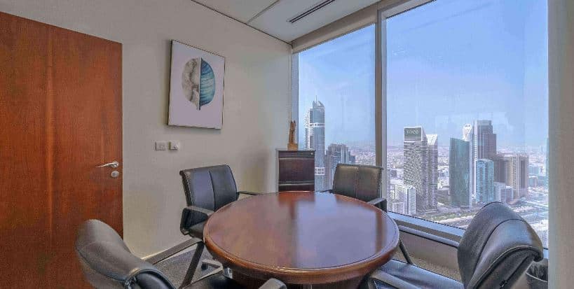Office meeting room with city view and modern furniture for rent in Dubai.