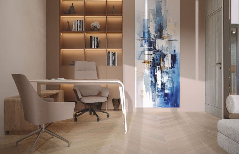 Modern Dubai coworking space with stylish furniture and creative decor.