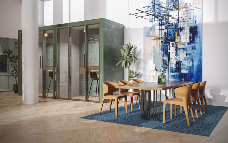 Nextspace UAE. Modern coworking space with private pods and collaborative area in Dubai.