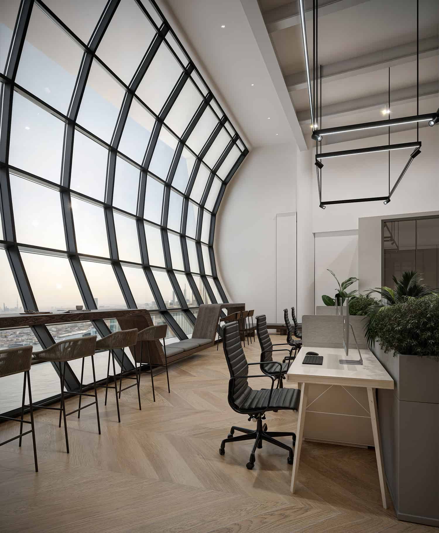 Modern coworking space with large geometric window in Dubai UAE. Spacious international coworking office with large glass windows in Dubai, featuring stylish furniture and modern design.