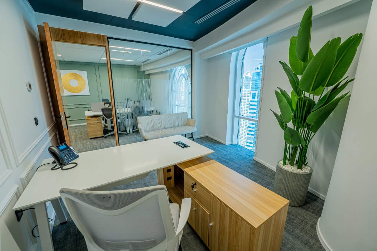 Bright Dubai coworking office featuring glass walls, stylish furniture, and a large potted plant, ideal for productivity.
