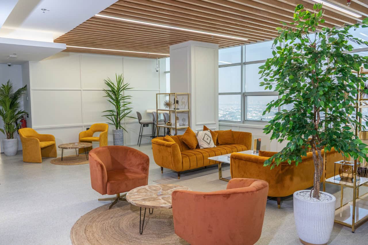 Beautiful stylish office lounge with vibrant seating, indoor plants, and large windows in Dubai.