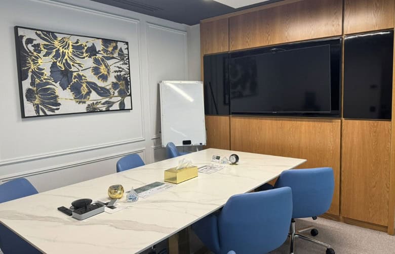 Modern co-working space with meeting rooms in Dubai, UAE.