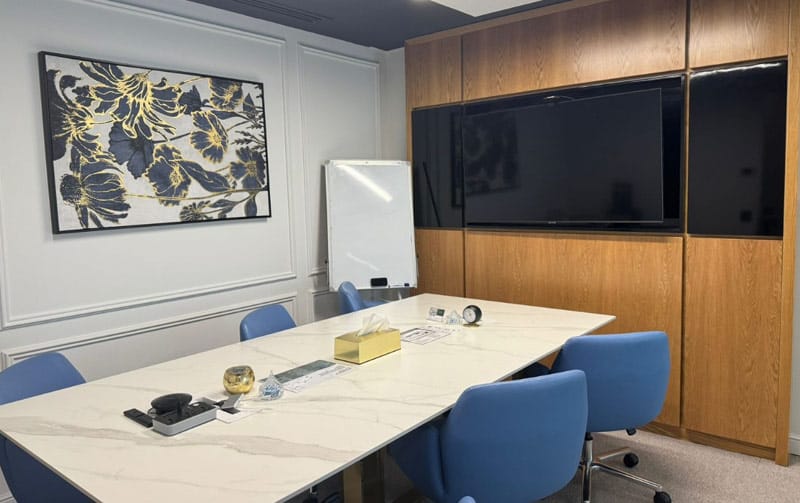 Modern co-working space with meeting rooms in Dubai, UAE.
