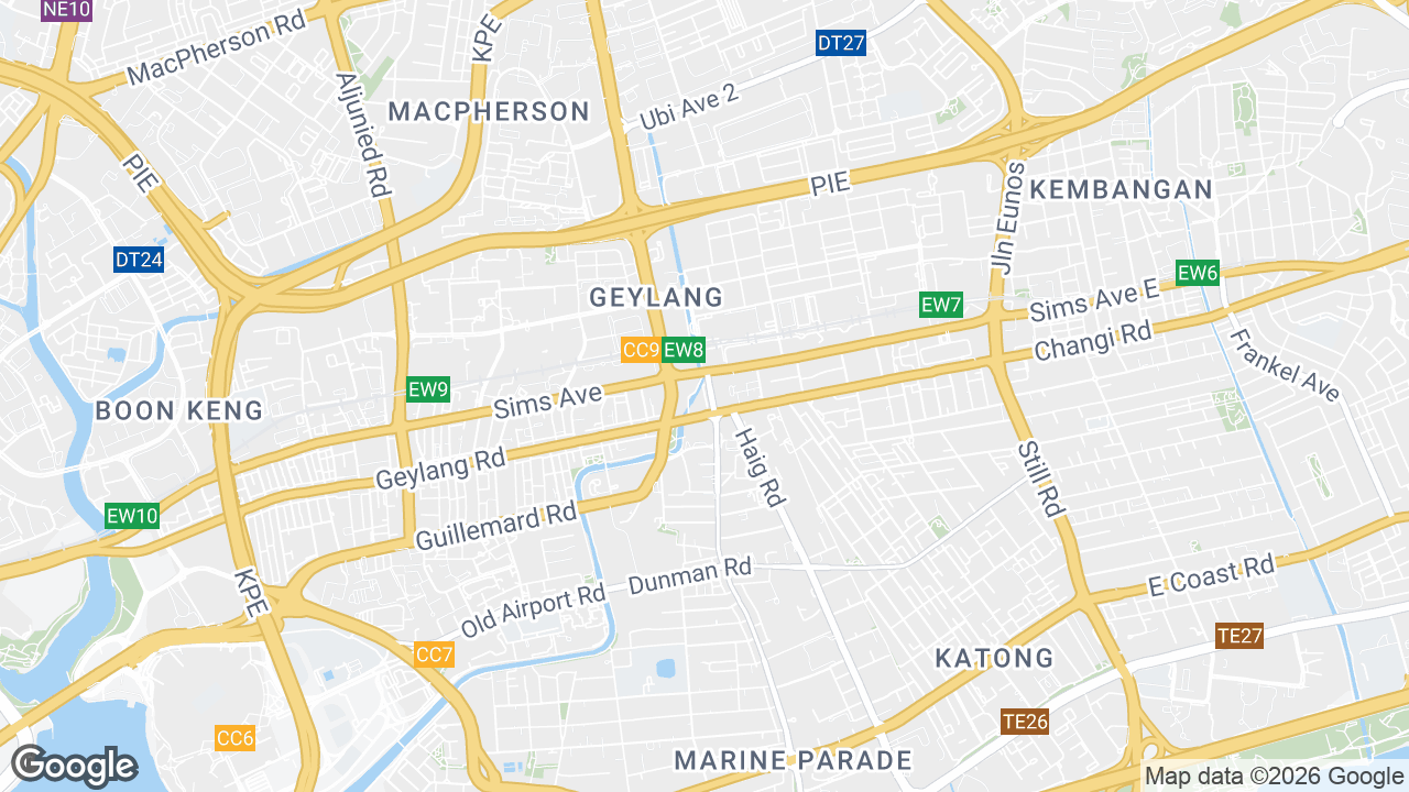 Map showing where Paya Lebar Quarter, Paya Lebar, Singapore is