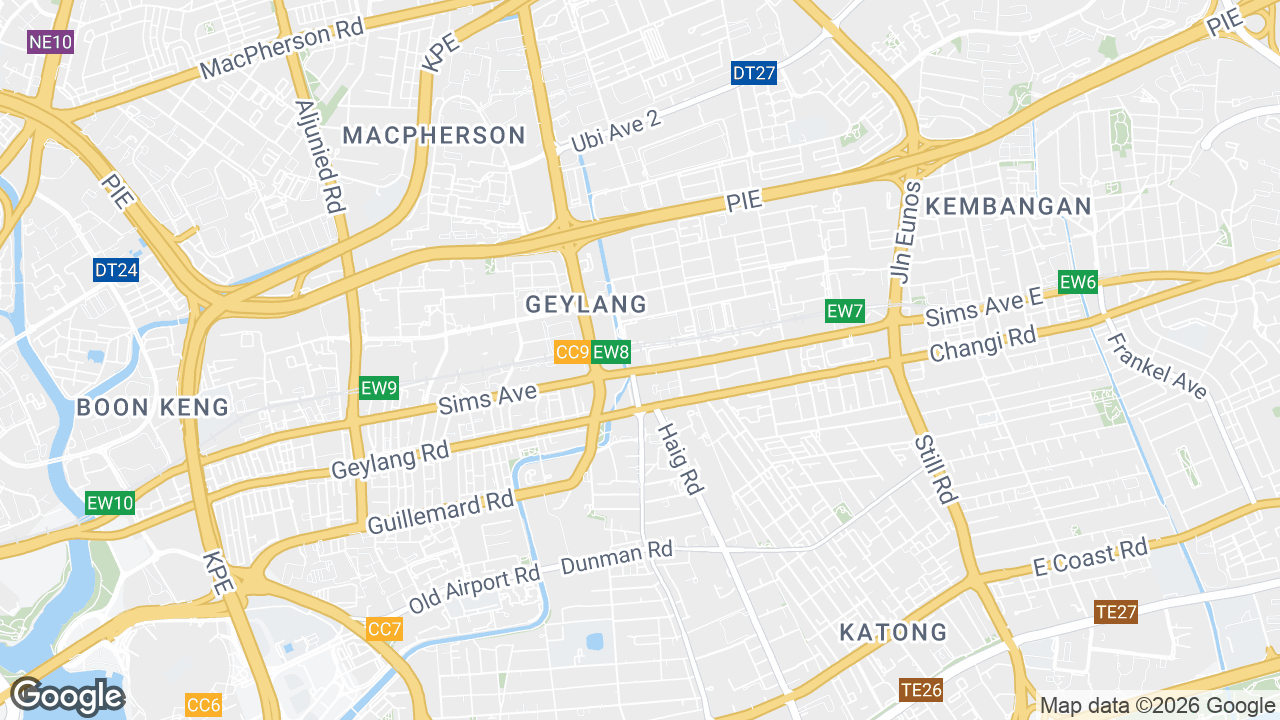 Map showing where Paya Lebar Quarter, Paya Lebar, Singapore is