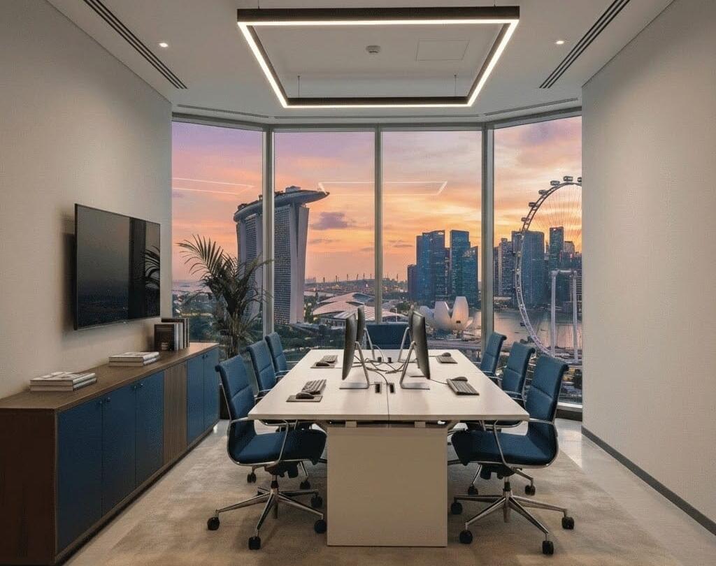 Private office in Singapore with a Marina Bay view, set up for a small team